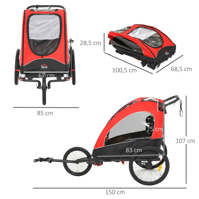 3-in-1 Cykelvagn för 2 Barn med Promenadhjul Röd-Svart