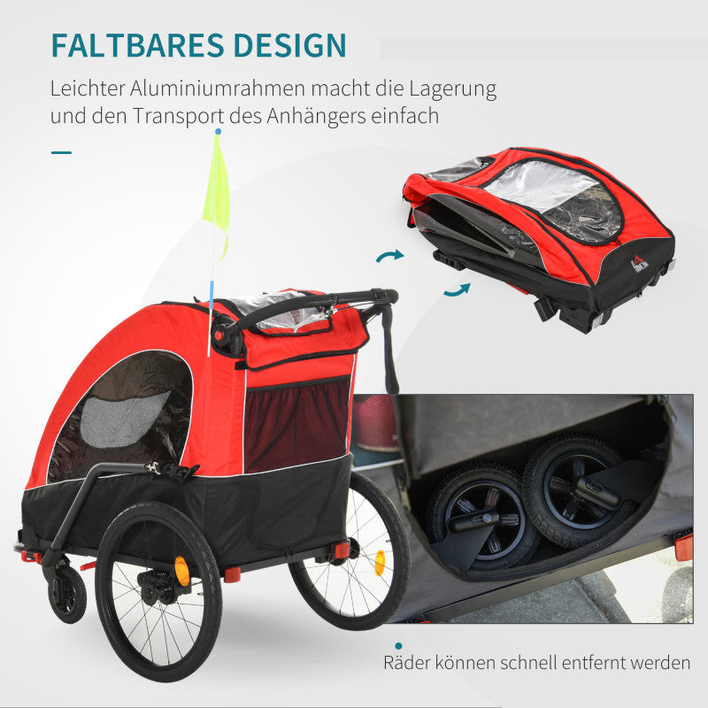 3-in-1 Cykelvagn för 2 Barn med Promenadhjul Röd-Svart