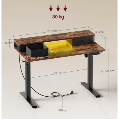 Elektriskt Skrivbord Höjdjusterbart 120 x 60 x (72-120) cm med Skärmstativ, Belysning - Rustik brun