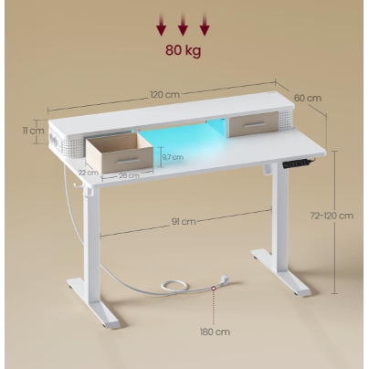 Elektriskt Skrivbord Höjdjusterbart 120x 60 x (72-120) cm med Skärmstativ, Belysning - Vit