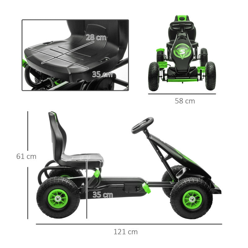 Barn Gokart med Pedaler, 5-12 år, Gummiluft Däck, Grön+svart