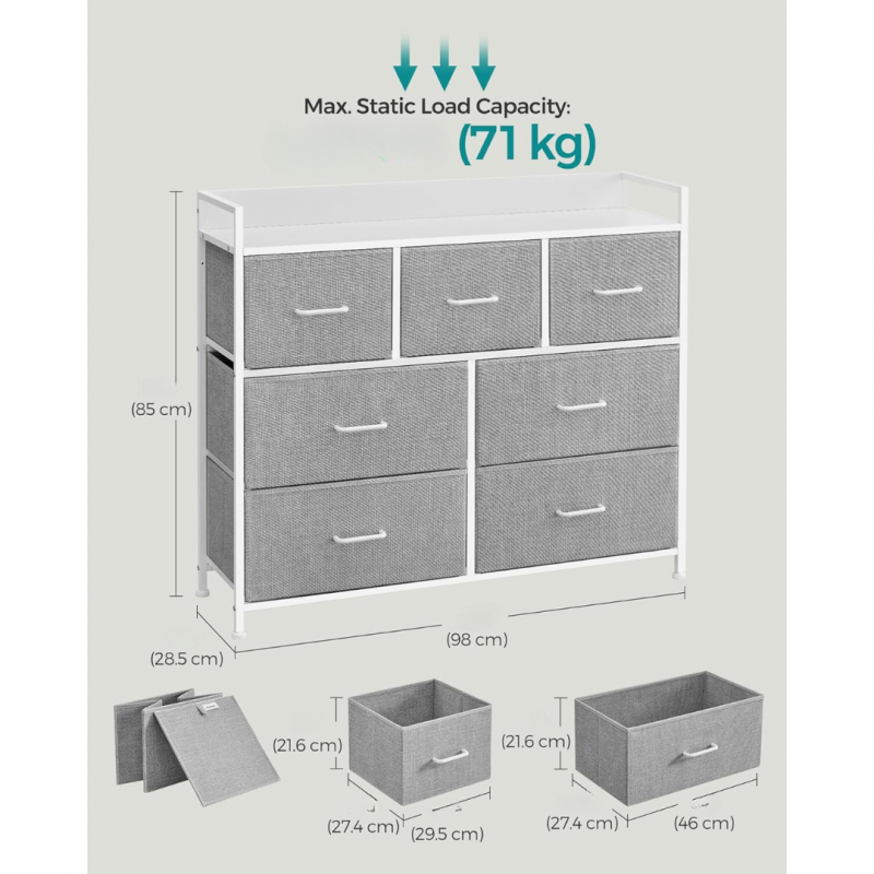 Byrå med 7 Tyglådor 98 x 28,5 x 85 cm Grå / Vit