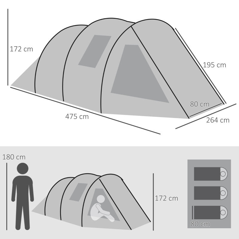 Campingtält 3-4 personers Två Rum 4,75 x 2,64 x 1,72 m Grön