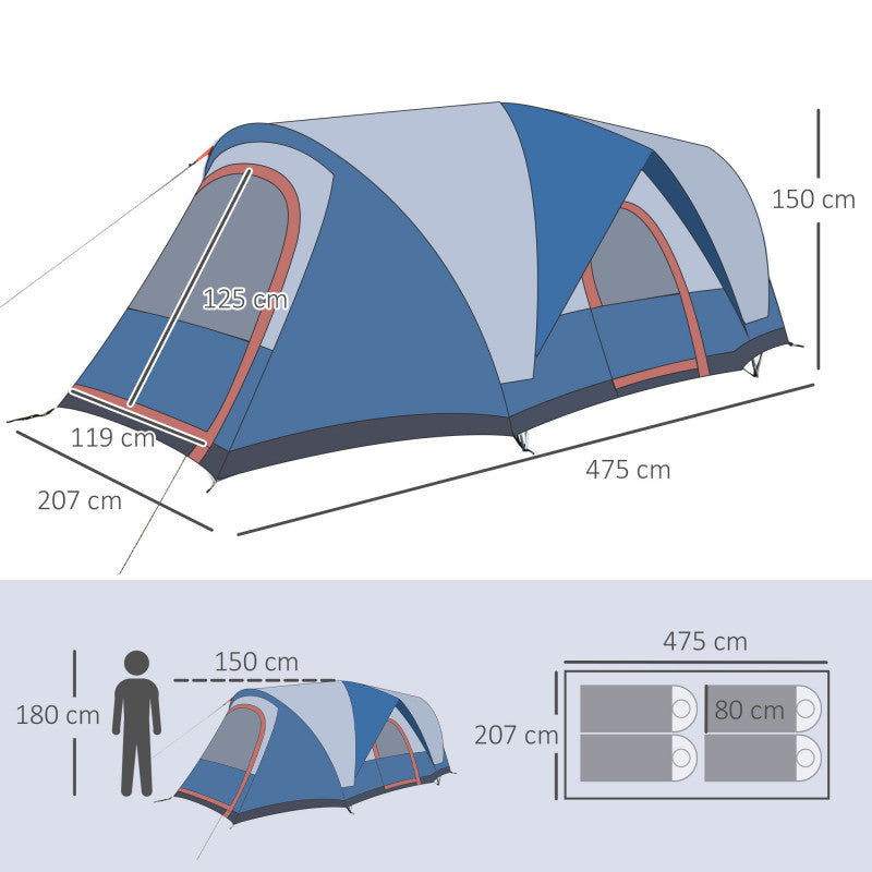 Campingtält för 3-4 Personer, Två dörrar, Nätfönster, blå,4,75 x 2,64 x 1,50 m Blå