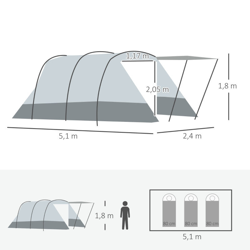 Campingtält för 6-8 personer två rum 510 x 240 x 180 cm