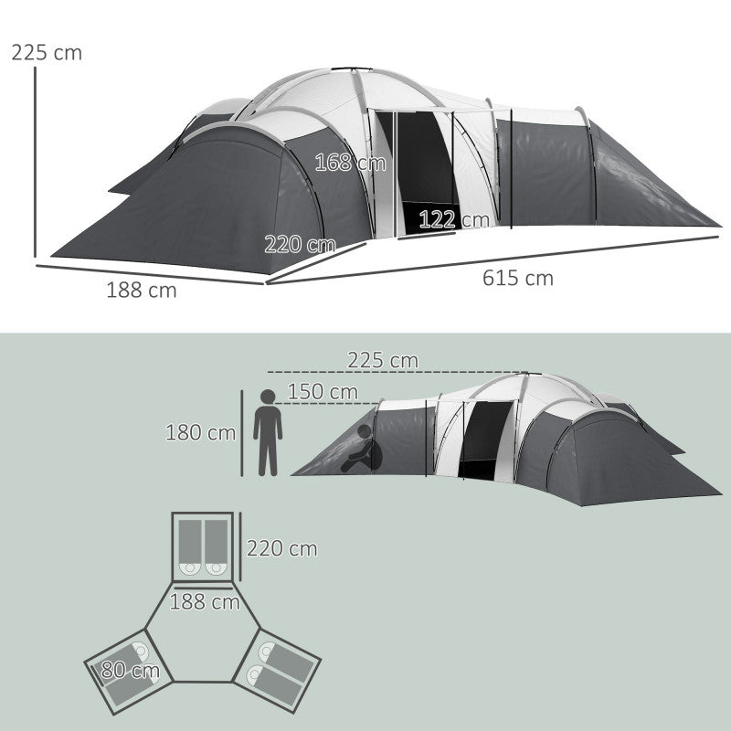 Campingtält för 6 - 9 Personer 4 Rum 615 x 615 x 225 cm Grå