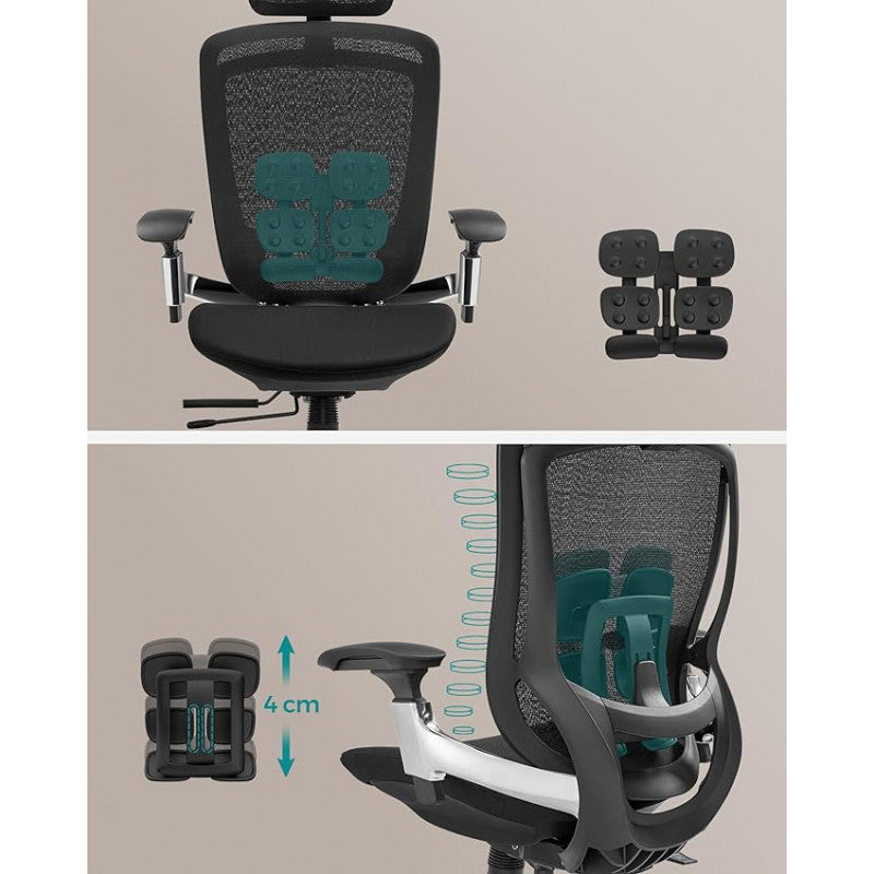 Ergonomisk Kontorsstol med Justerbara Nackstöd, Ländryggstöd, Sits och Armstöd
