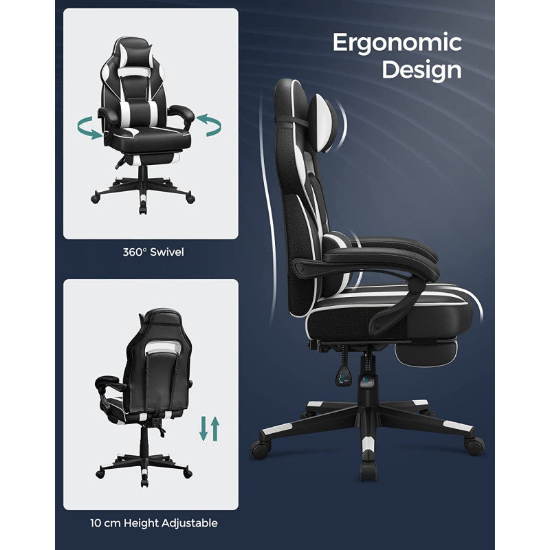 Gamingstol med Fotstöd Ergonomisk Läder Svart / Vit