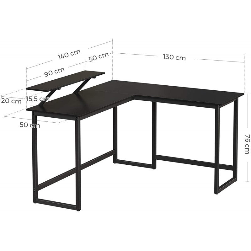 L-formad hörn skrivbord med skärmstativ - svart