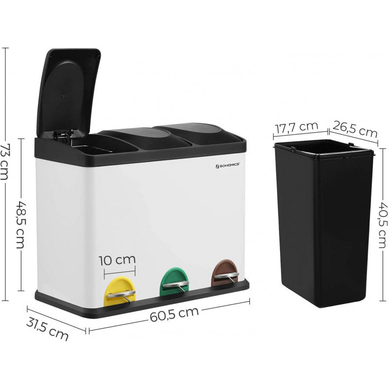 Pedalhink Med 3 Fack 3 x 15 Liter Sortering Soptunna Vit Svart